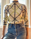 Vintage 1960s Cream and Navy Argyle Ski Wool Mock Neck Sweater S