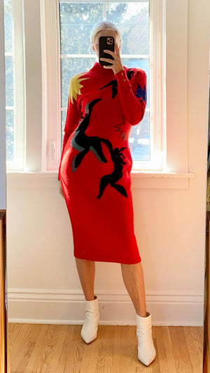 VINTAGE 1980s HANAE MORI Boutique Red Matisse Knit Cream Dress M