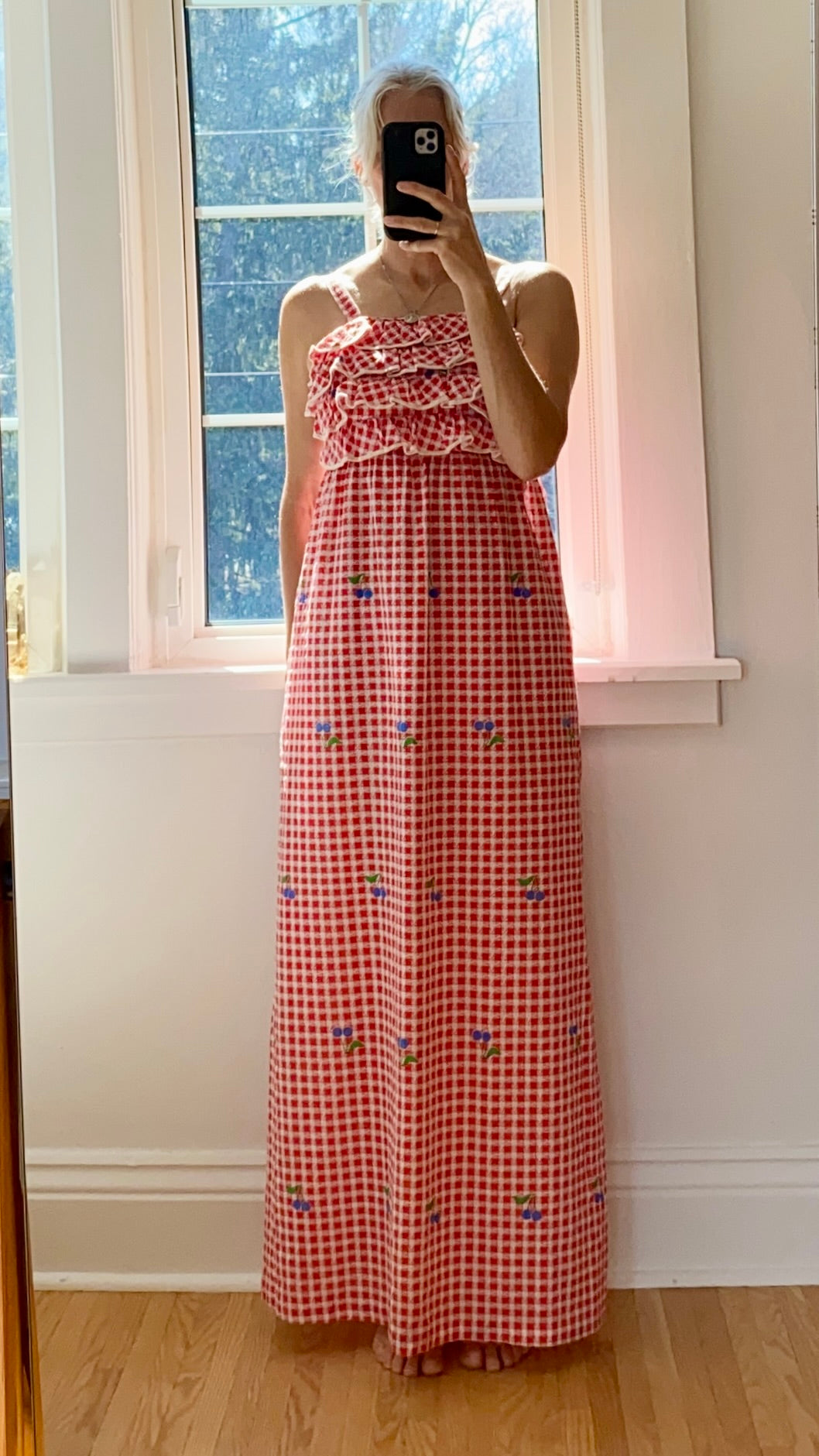 VINTAGE 1970s Red Gingham with Blueberries Cotton Ruffle Maxi Dress XS S