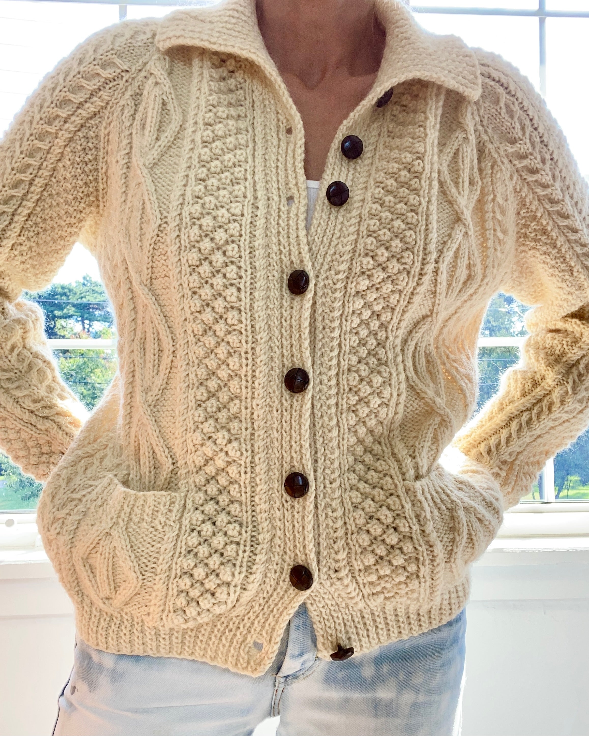 VINTAGE Cable Wool Cardigan with Collar