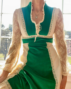 VINTAGE 1970s Cream and Green Cotton Velvet Lace Prairie Gunne style Maxi Dress