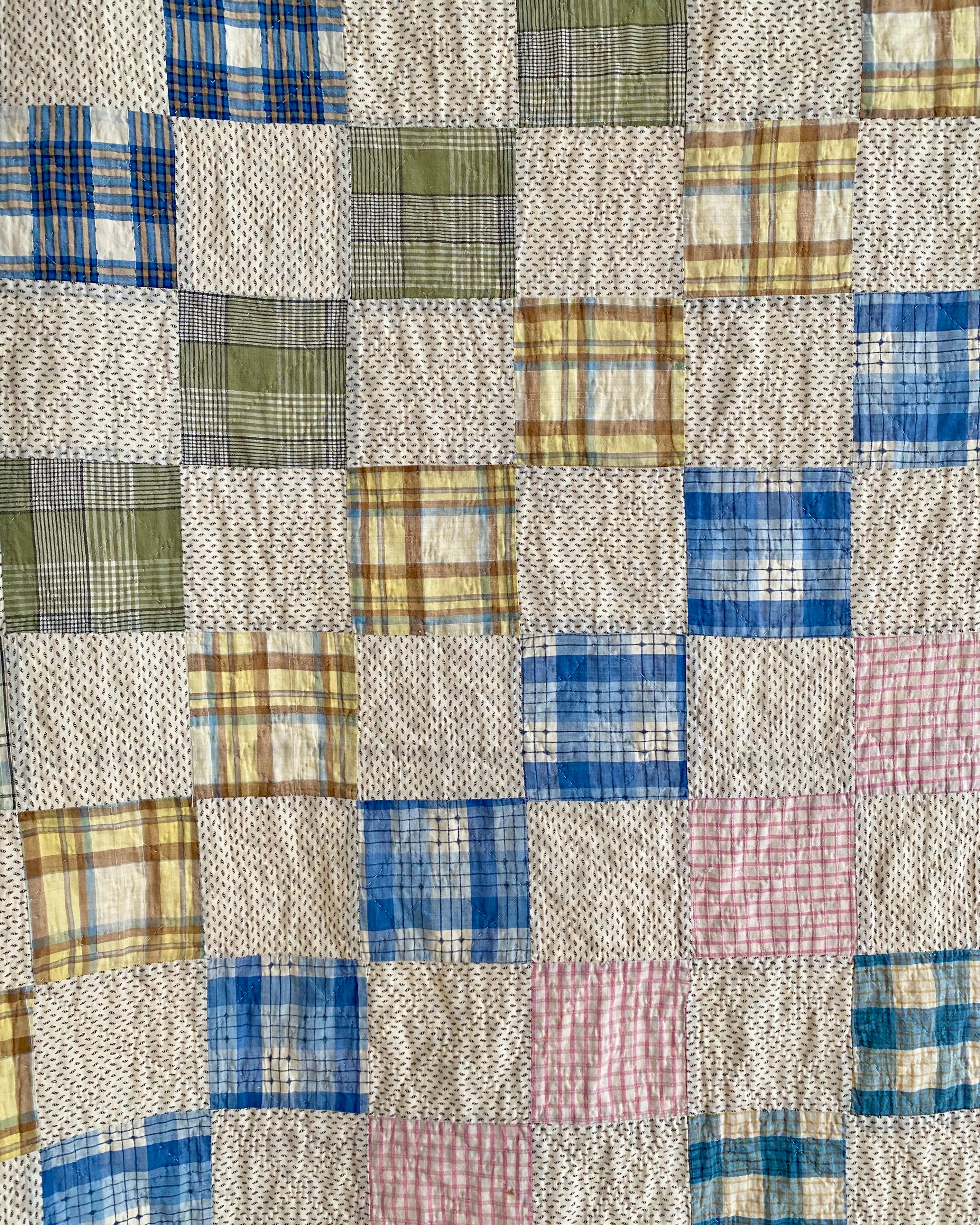 Antique Handmade 1920s Gingham Plaid Check Squares Quilt