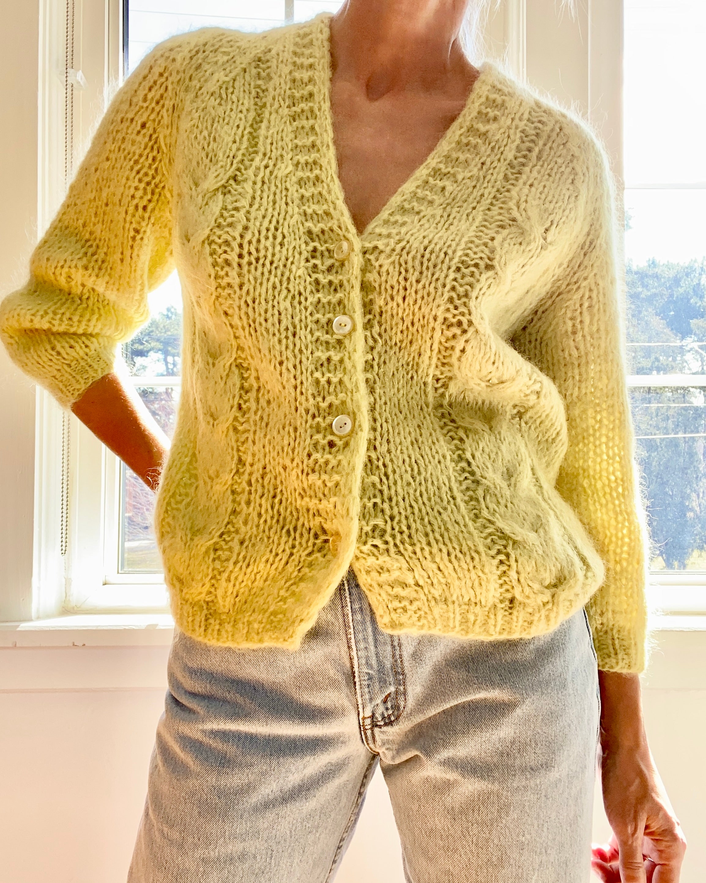 VINTAGE Handknit Cable Mohair Pistachio Cardigan M