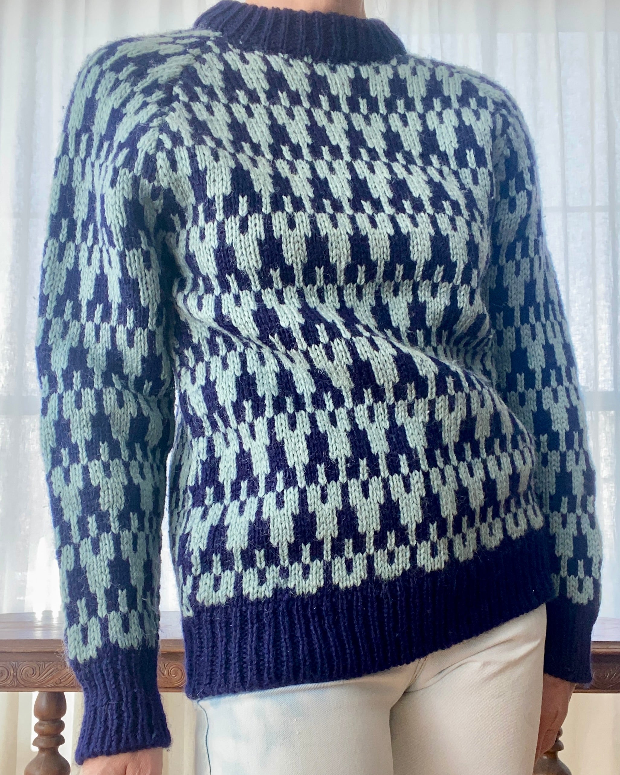 Vintage Blue Houndstooth Irish Wool Sweater