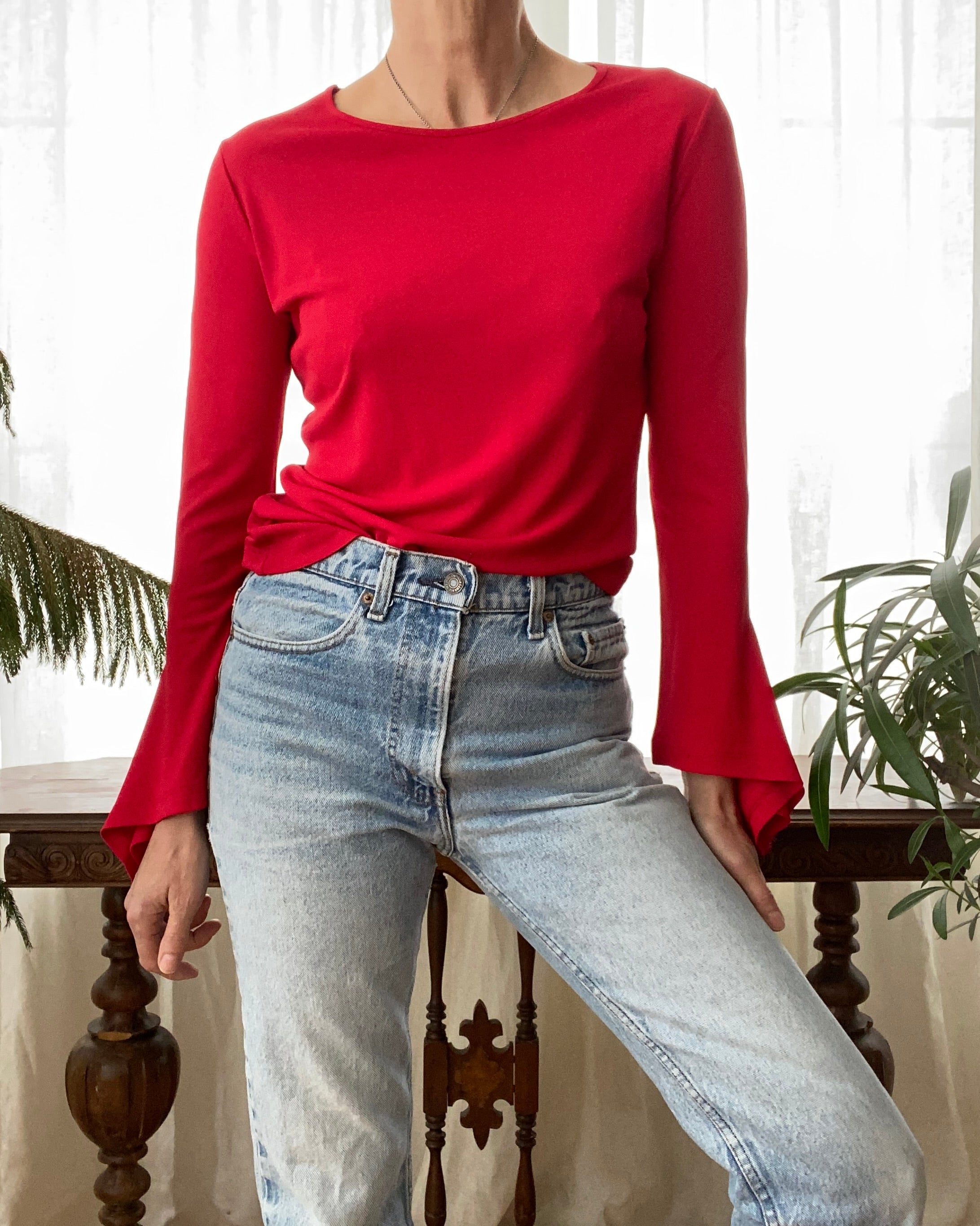 Vintage 1990s Louis Feraud Red Matte Jersey Bell sleeve Tee M