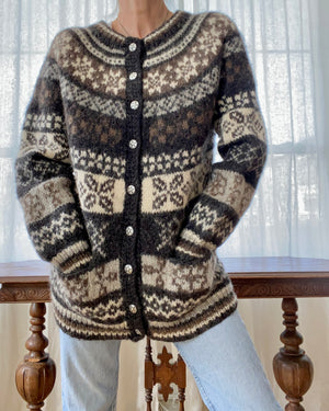 Vintage All Over Fair Isle Shetland Style Hand knit Wool Sweater in Earth tones M to L