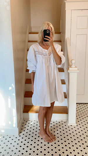 VINTAGE White Cotton Nighty Dress with Puff Sleeves