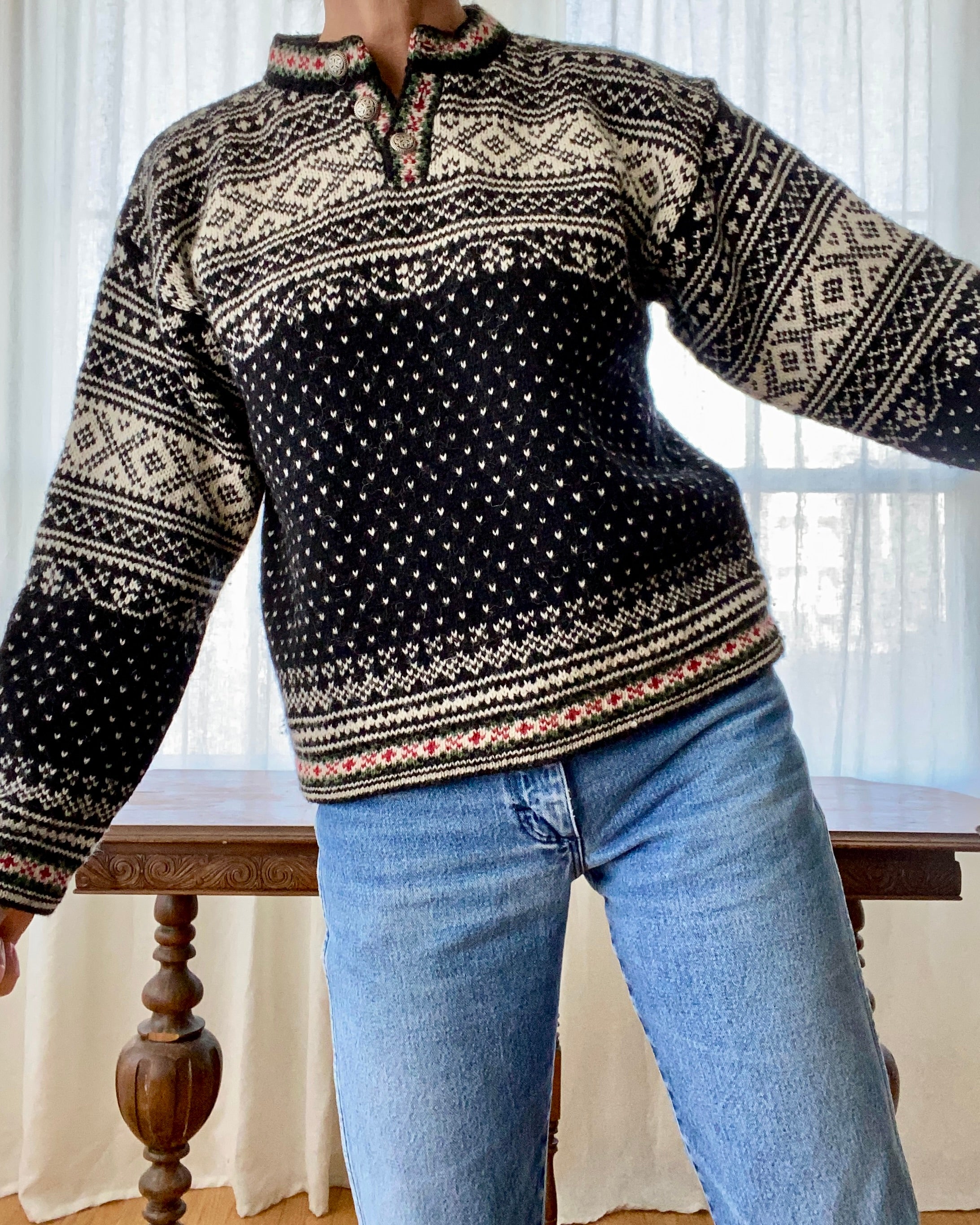 Vintage L.L. Bean Fair Isle Norwegian Style Black Sweater Henley USA M