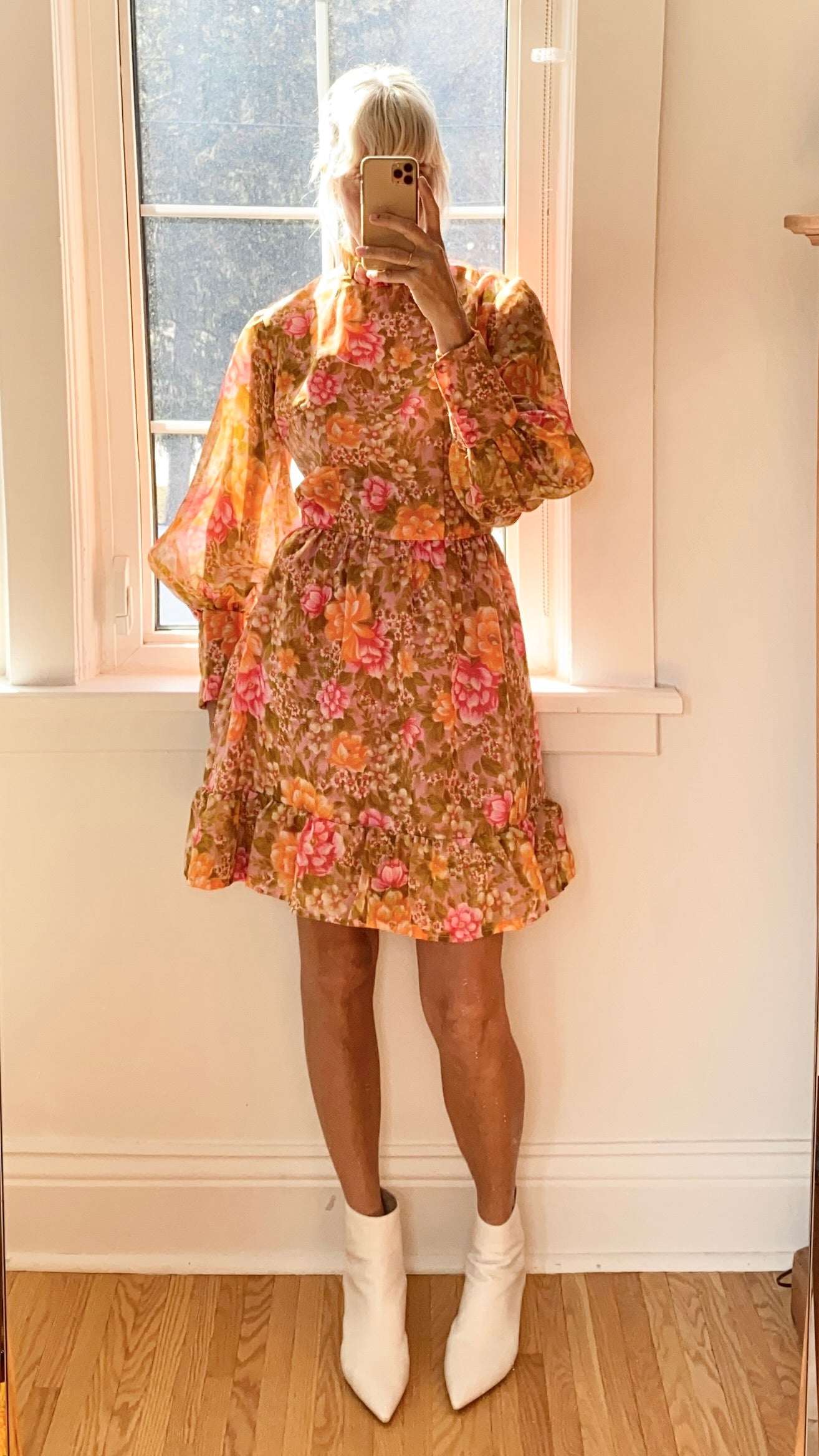 Vintage 1960s Floral Organza Puff Sleeve Sleeves M