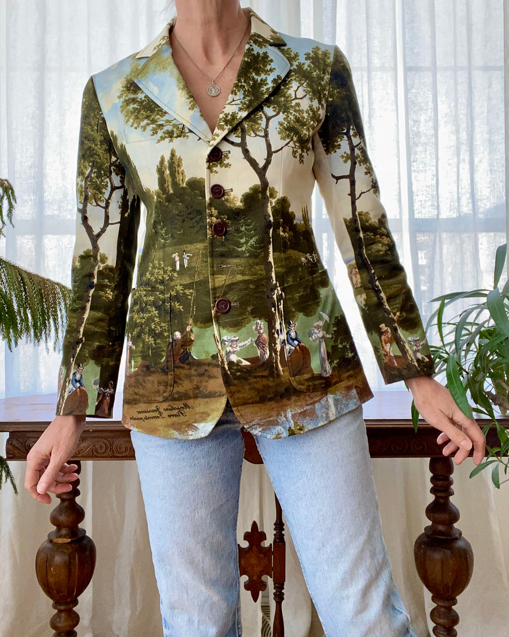 Vintage 1990s Moschino Runway Pop Art Print Blazer by Pierre Lecomte Painting Landscape Scene Italy 4 6 8 S M
