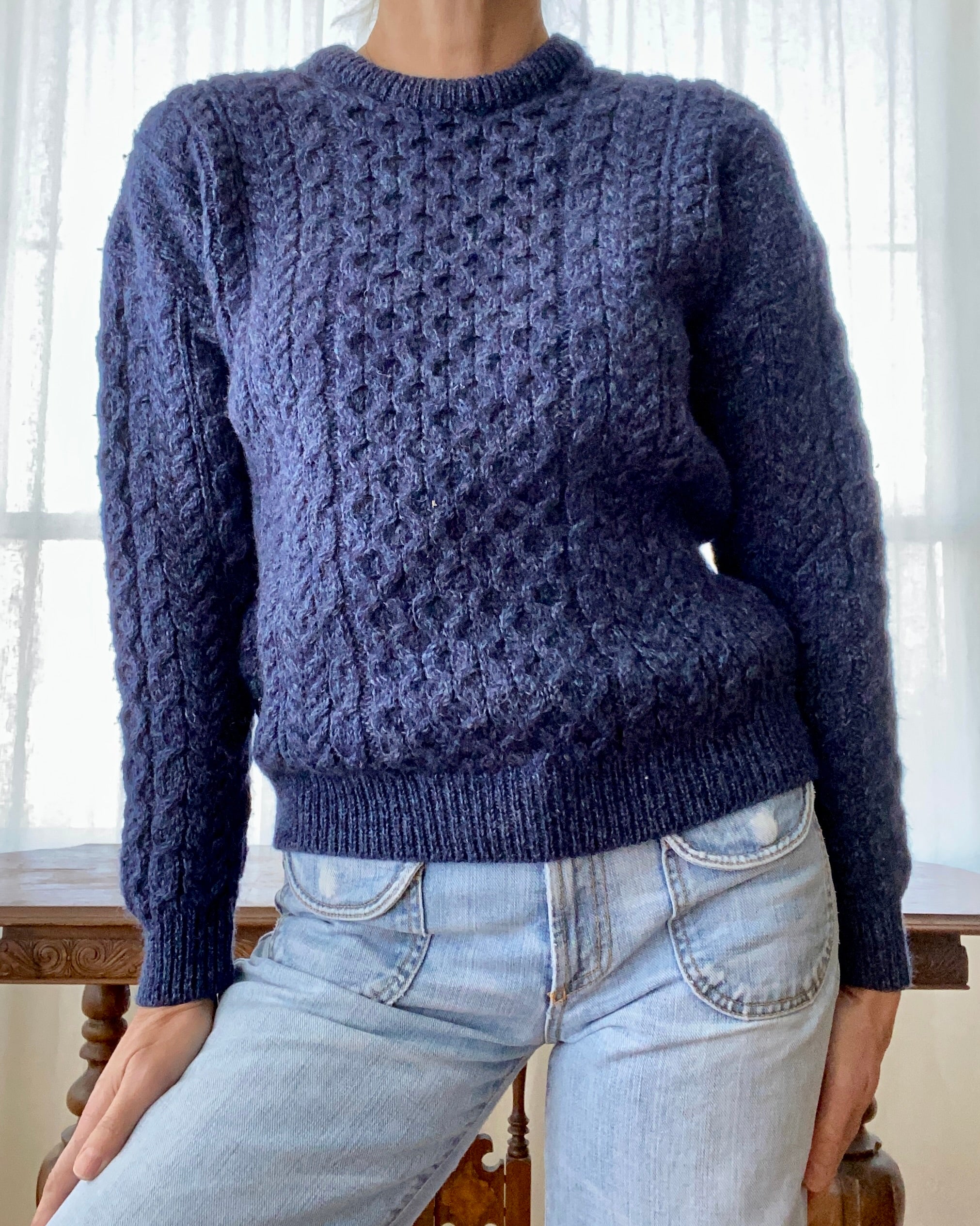 Vintage Blue Irish Fisherman Cable Sweater S or M