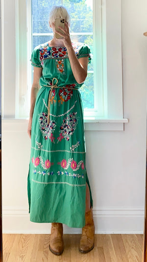 Vintage Mexican Embroidered Green Dress