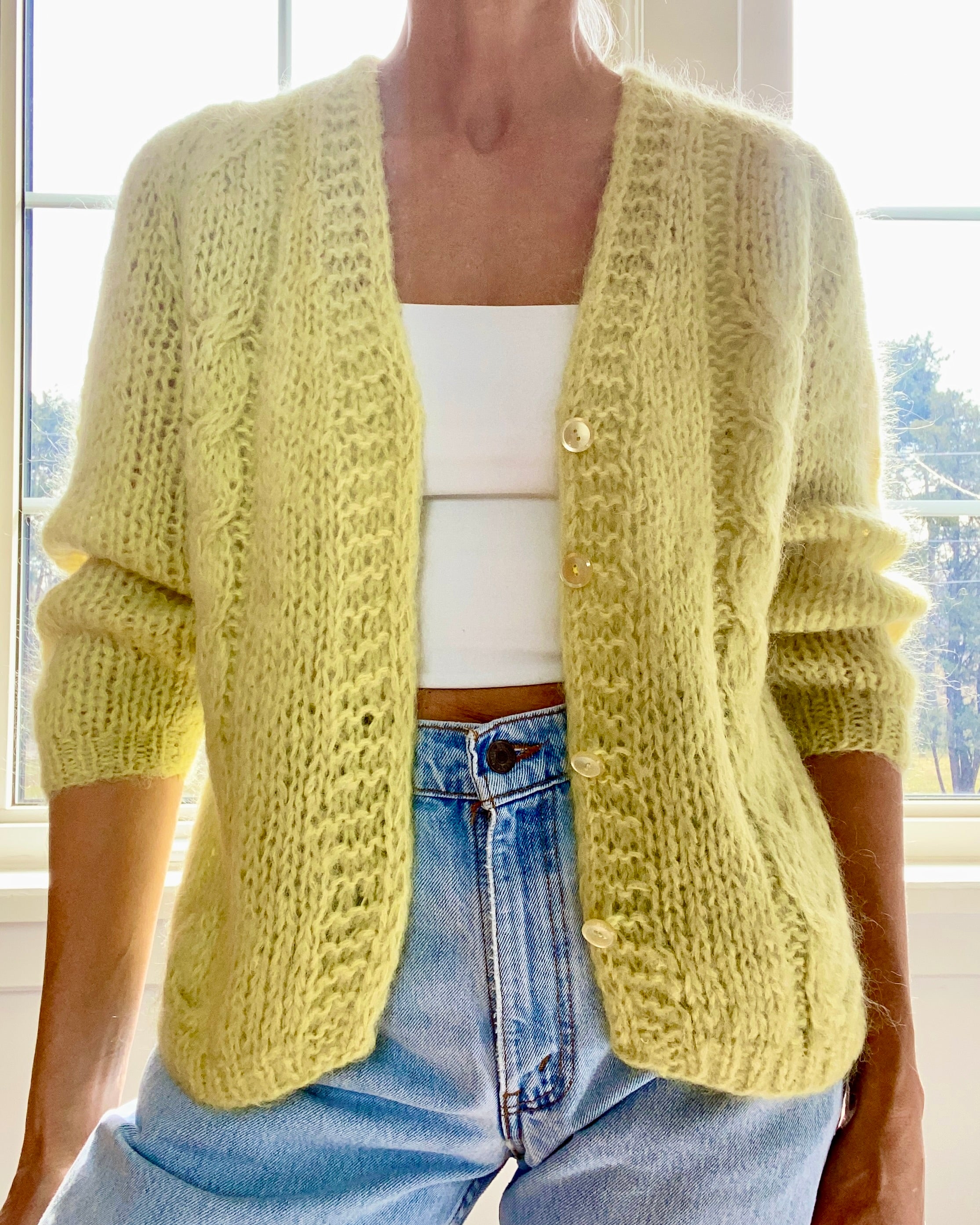 VINTAGE Handknit Cable Mohair Pistachio Cardigan M