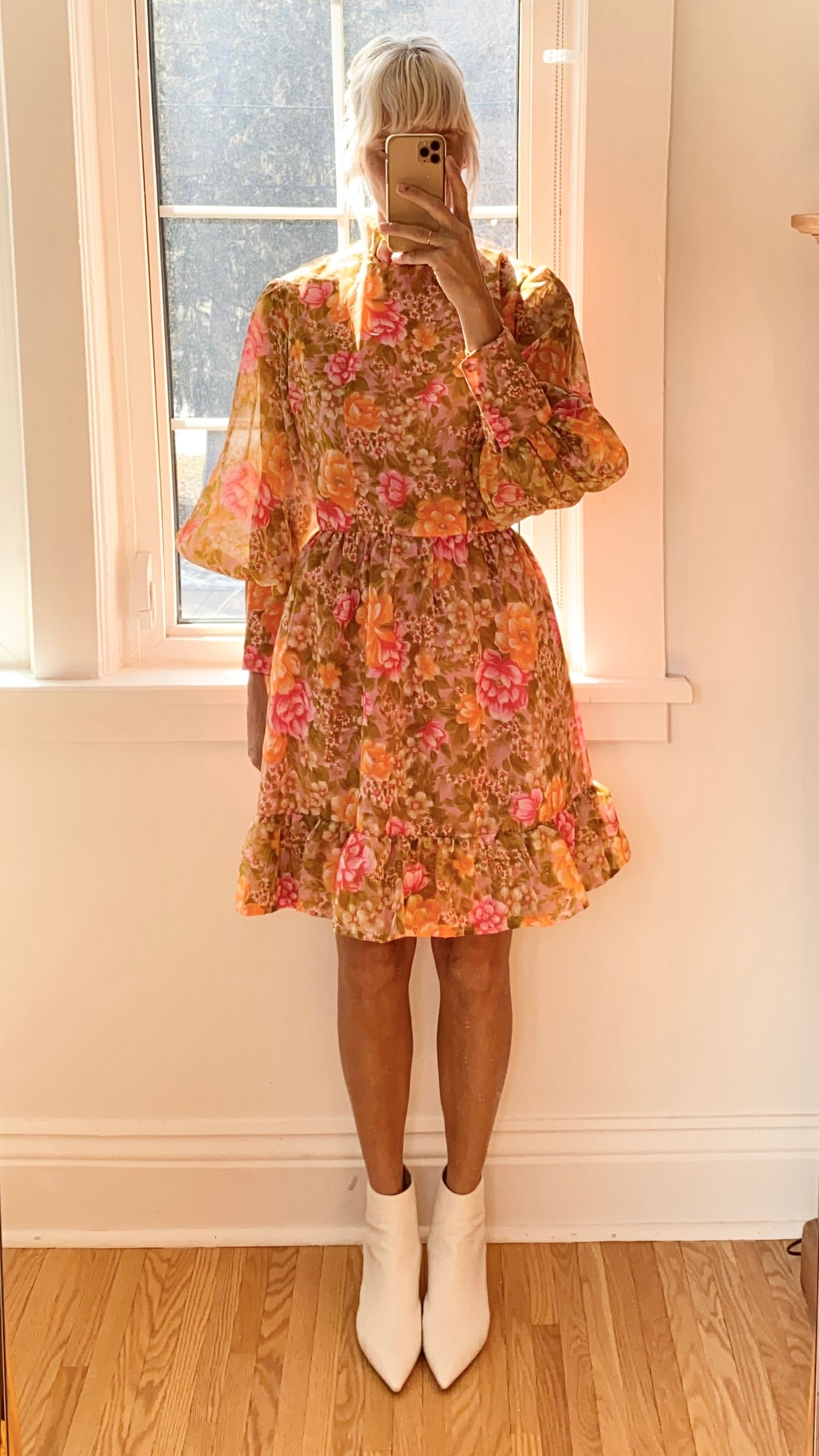 Vintage 1960s Floral Organza Puff Sleeve Sleeves M