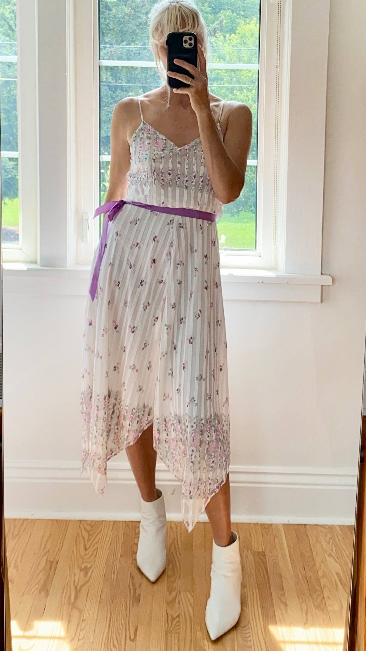 Vintage 1970s White Chiffon Floral Handkerchief Dress