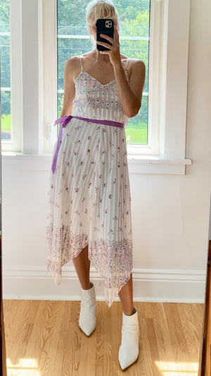 Vintage 1970s White Chiffon Floral Handkerchief Dress