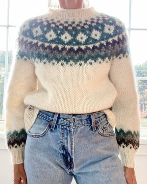 VINTAGE Hilda Icelandic Handknit Sweater Cream Green Brown