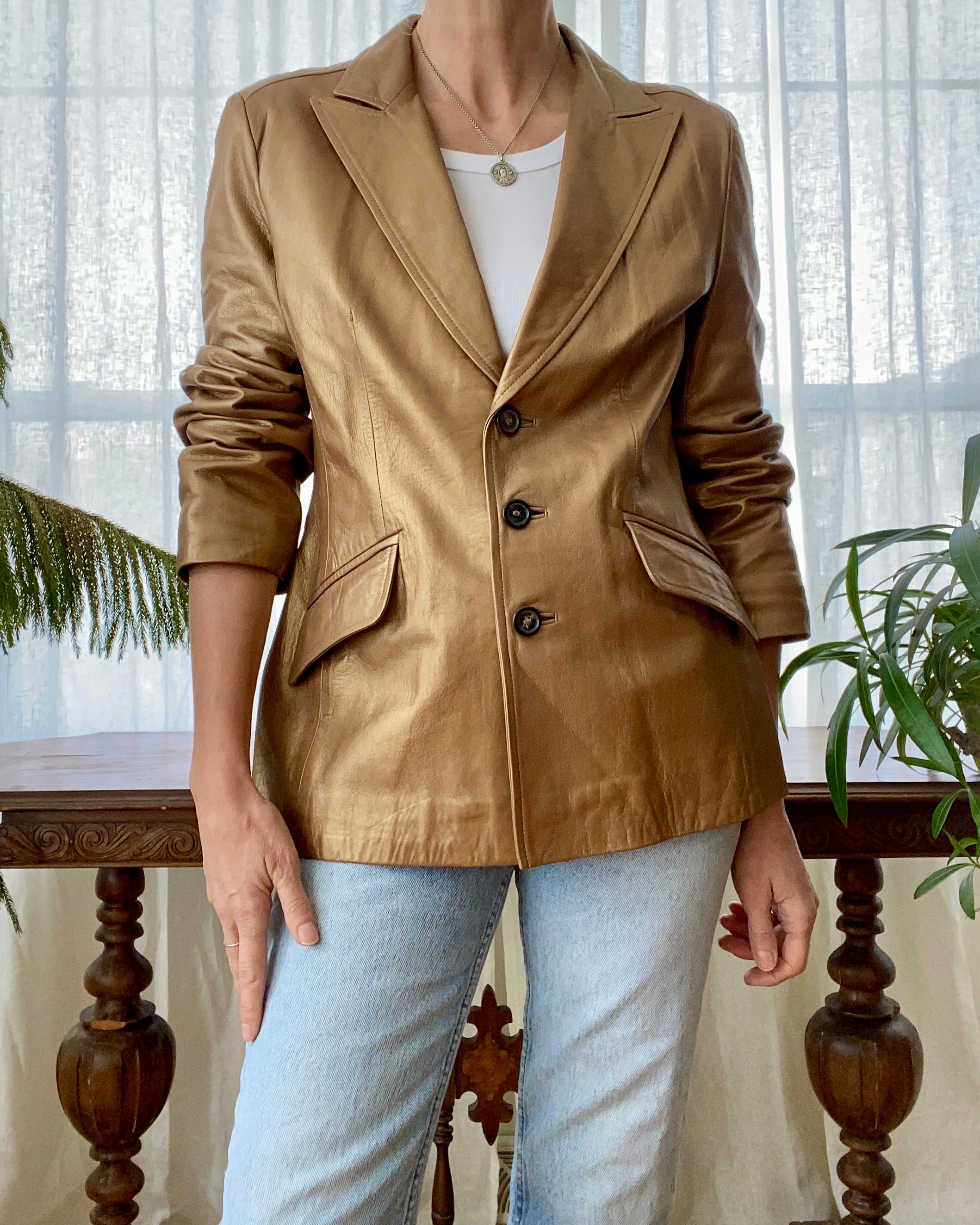 Vintage JAEGER Gold Leather Blazer Jacket L