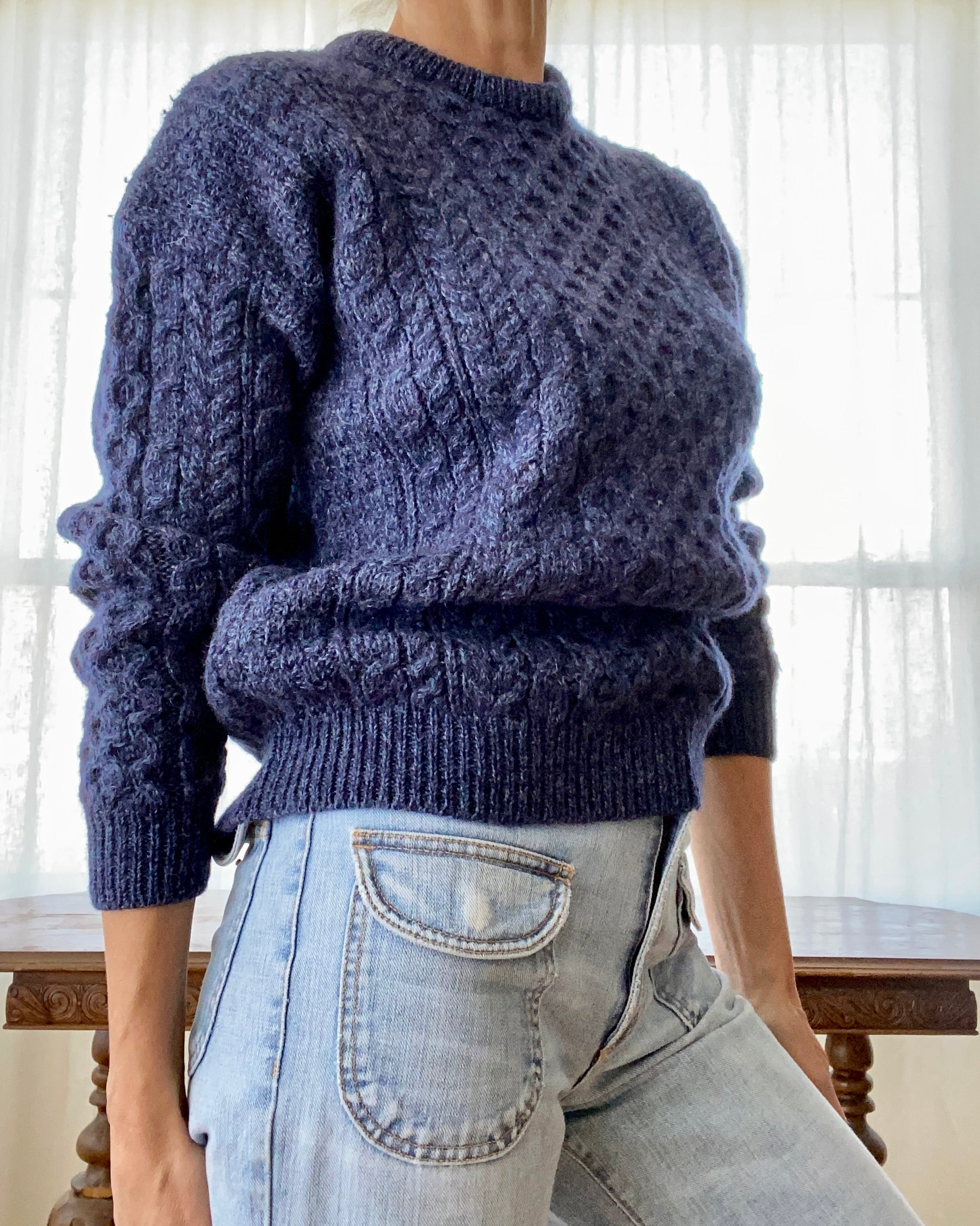 Vintage Blue Irish Fisherman Cable Sweater S or M