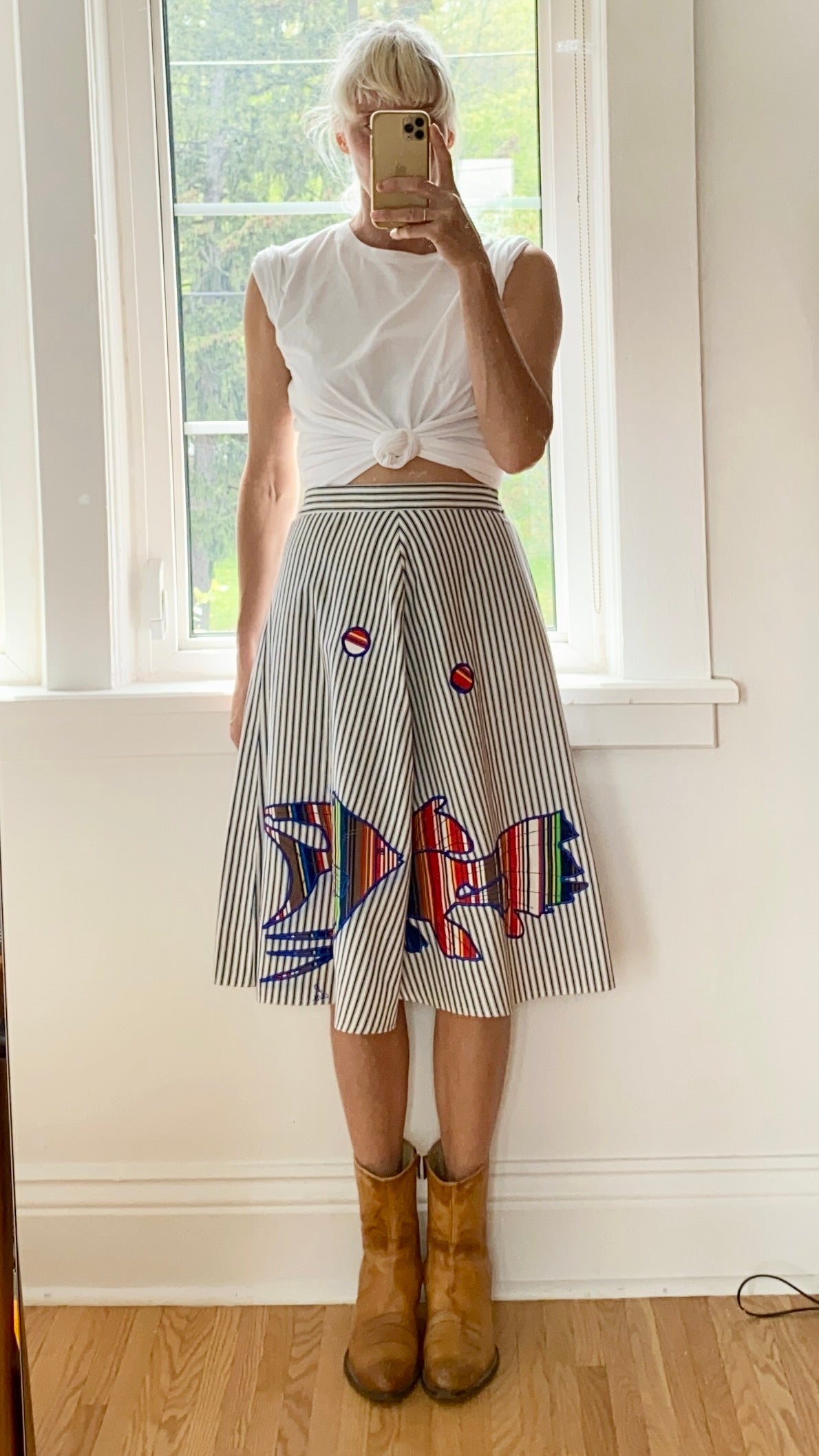 Vintage Stripe Cotton Flare Skirt with Tropical Fish Appliqué