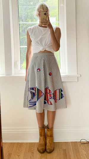 Vintage Stripe Cotton Flare Skirt with Tropical Fish Appliqué