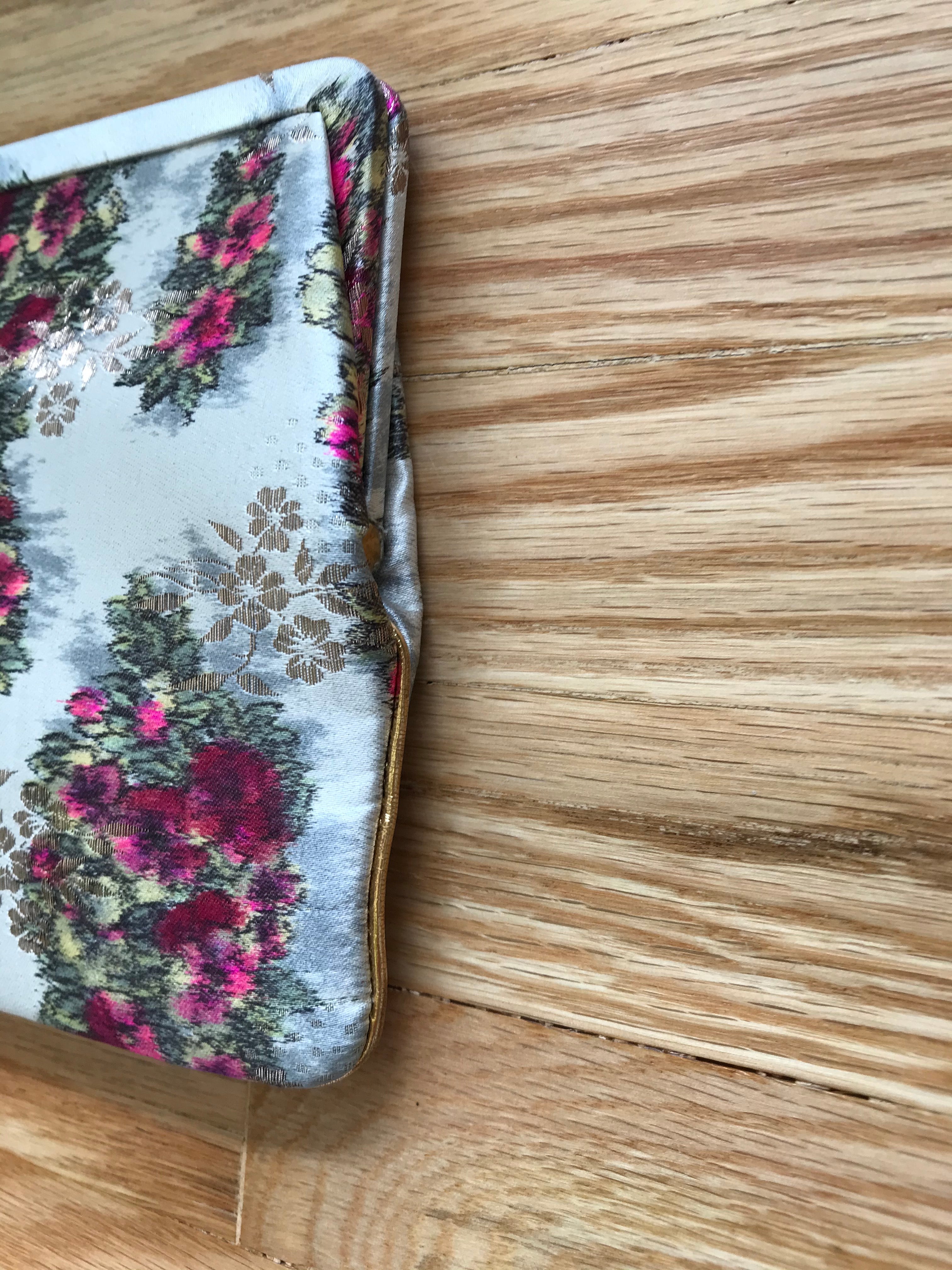 Vintage Clutch with Silk Taffeta Rose Print 1950's