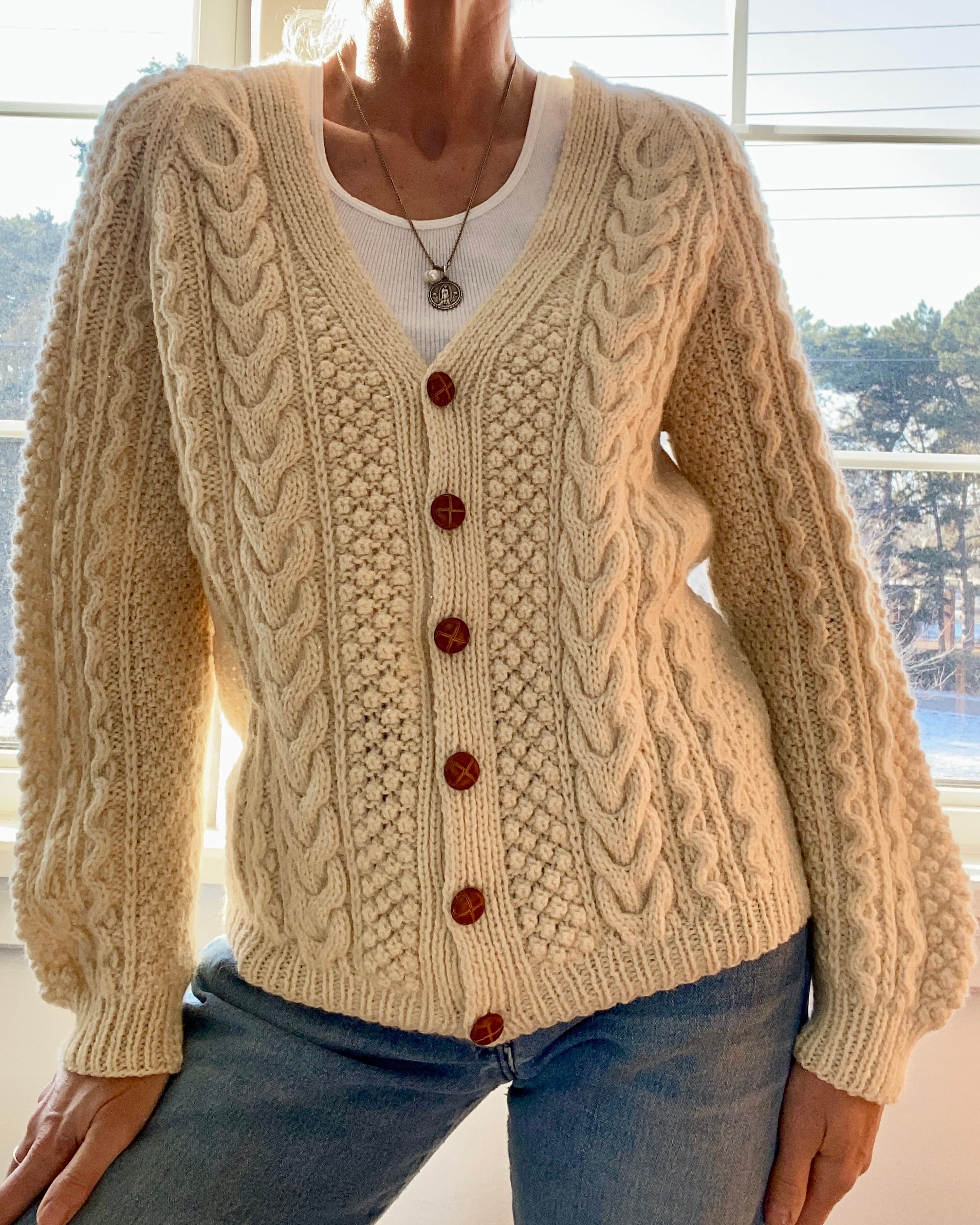 VINTAGE Handknit Fisherman Cable Wool Cardigan M