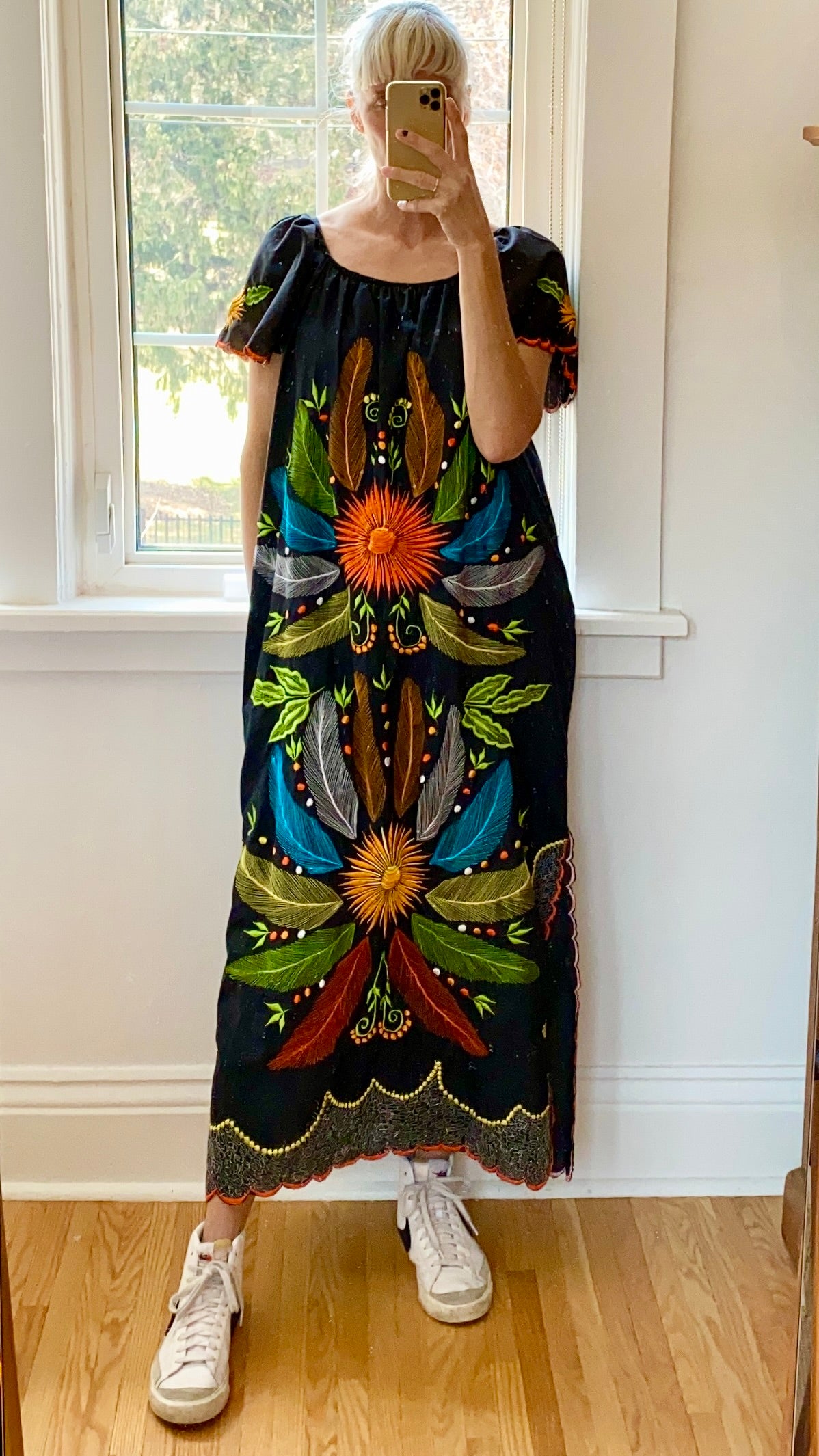 Vintage Mexican Embroidered Black Butterfly Maxi Dress