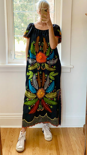 Vintage Mexican Embroidered Black Butterfly Maxi Dress