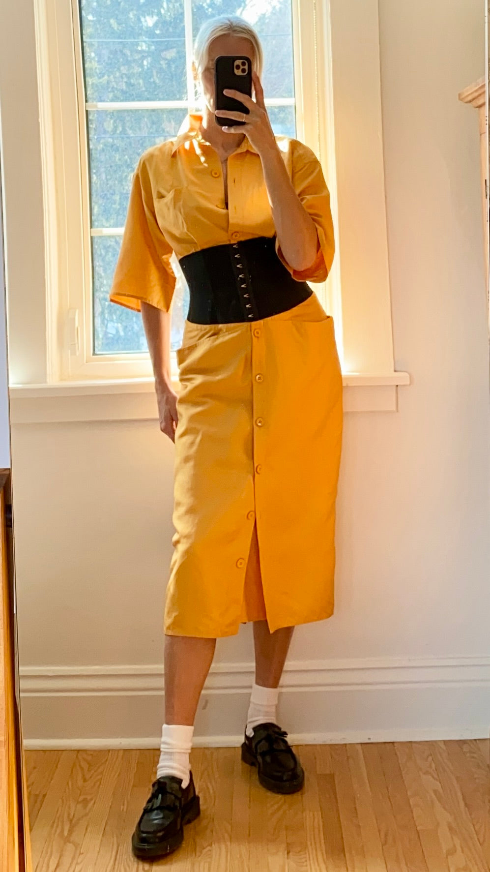 Vintage 1980s GIANFRANCO FERRE Ocre Silk Corset Shirt Dress 42 6 8