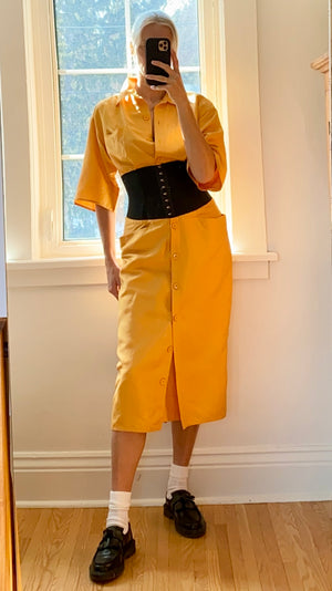 Vintage 1980s GIANFRANCO FERRE Ocre Silk Corset Shirt Dress 42 6 8