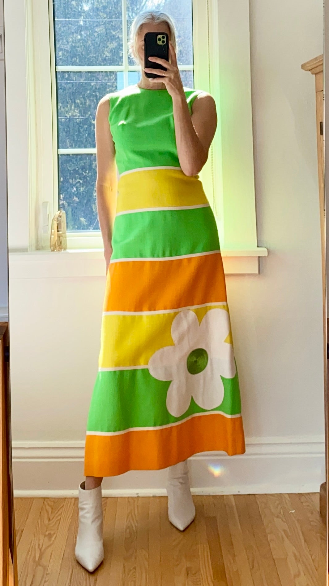 VINTAGE 1960s DAYMOR Couture Green Yellow and Orange Stripe With Flower Maxi Dress S
