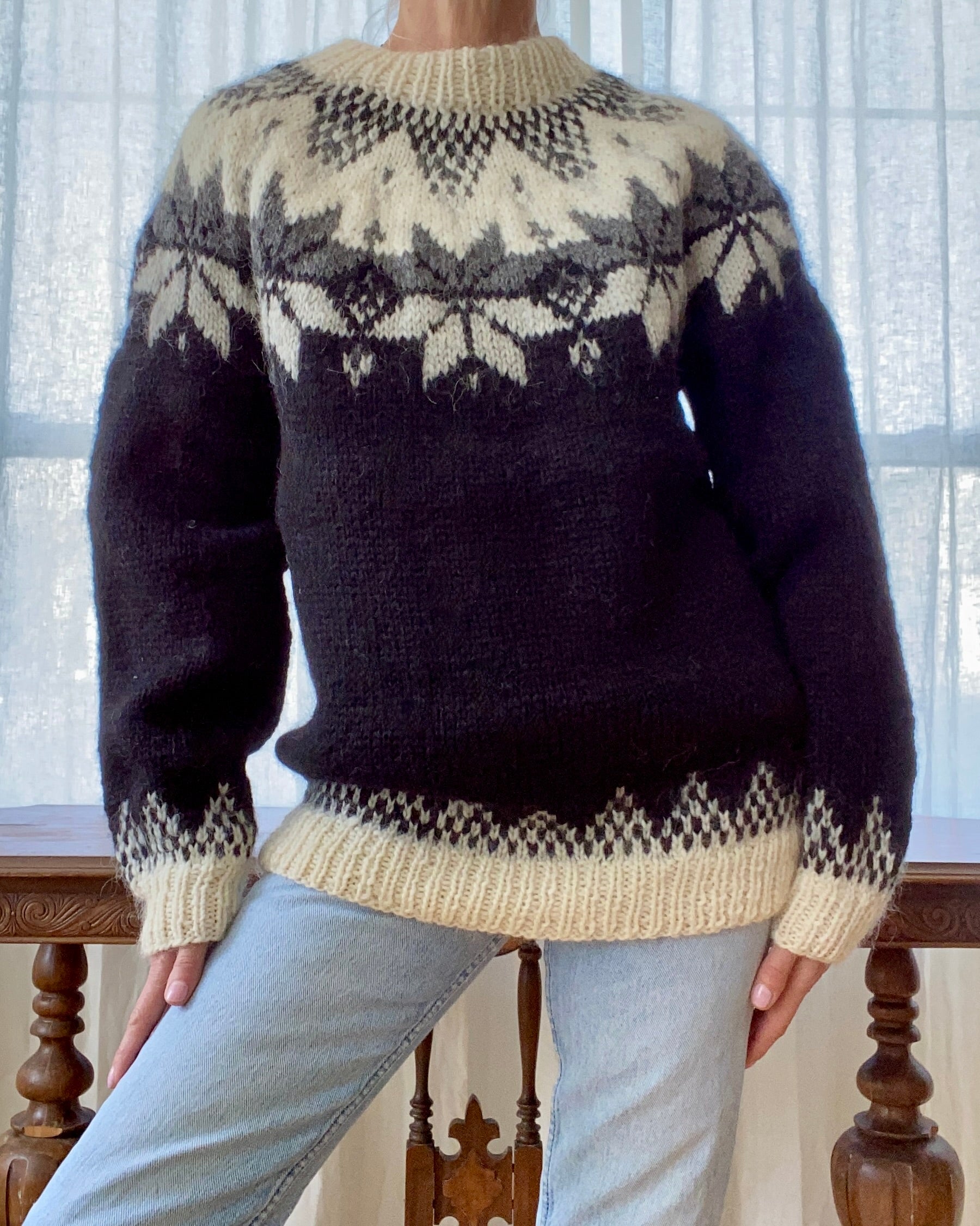 Vintage Icelandic Lopi Fair Isle Black and Cream Sweater L XL