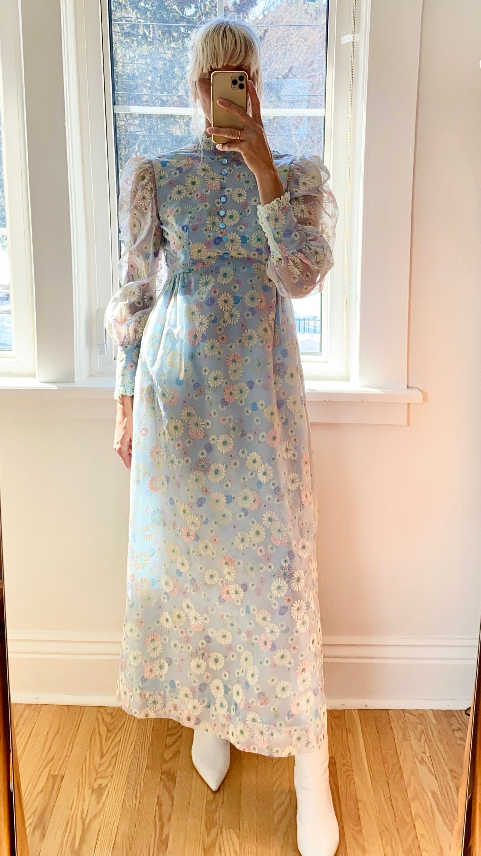 Vintage 1960s Floral Organza Prairie Victorian Inspired Dress XS or S