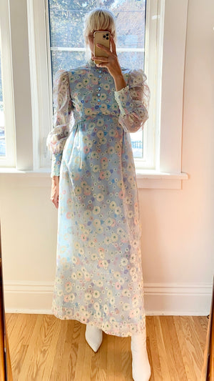 Vintage 1960s Floral Organza Prairie Victorian Inspired Dress XS or S