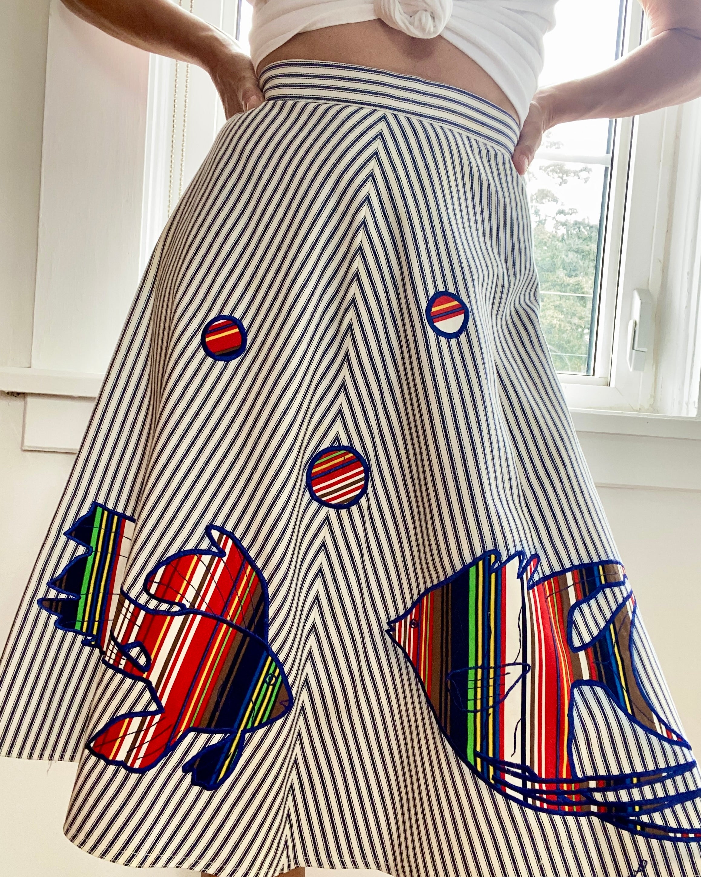 Vintage Stripe Cotton Flare Skirt with Tropical Fish Appliqué