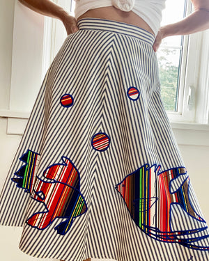 Vintage Stripe Cotton Flare Skirt with Tropical Fish Appliqué