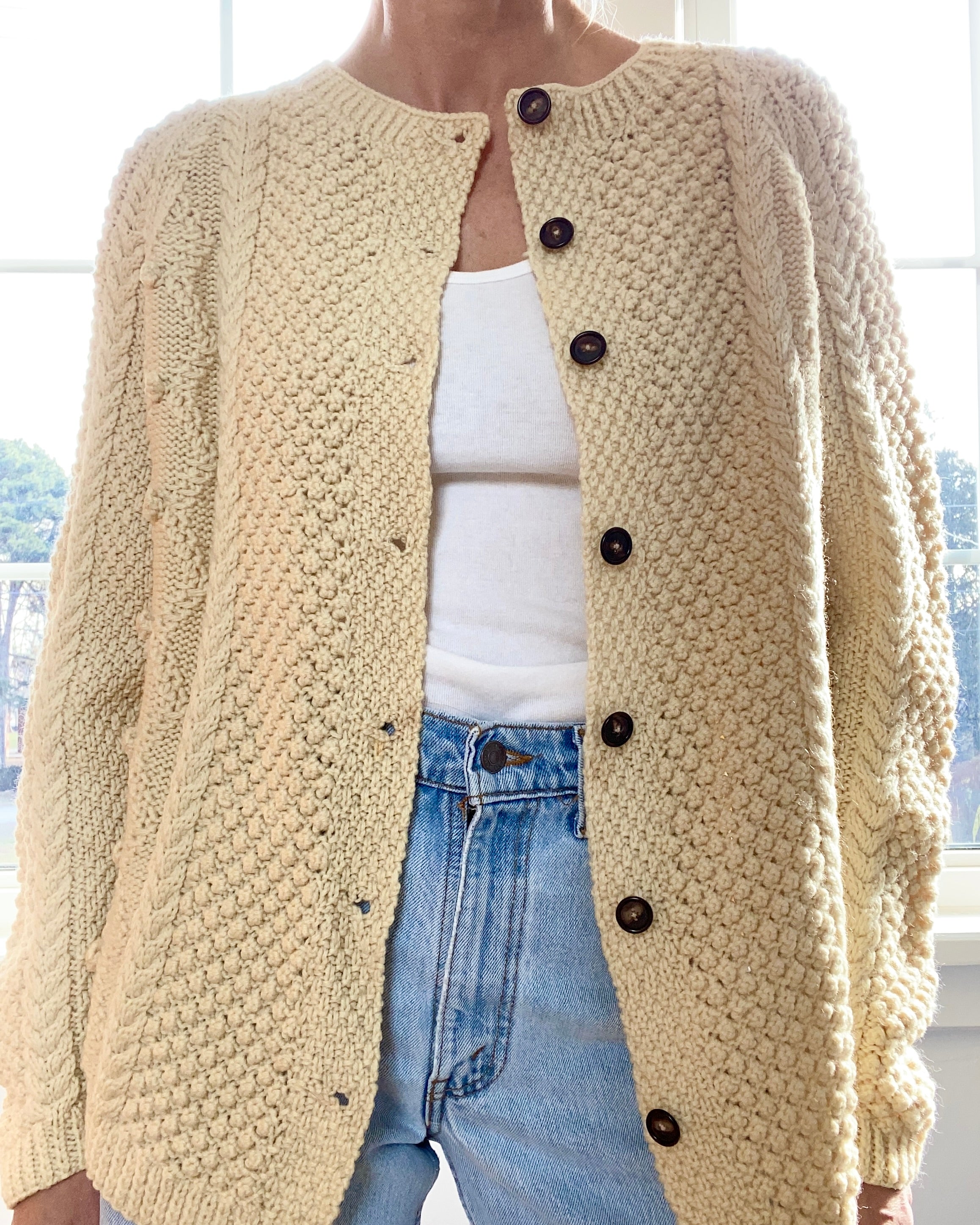 VINTAGE Fisherman Multi stitch Wool Cardigan