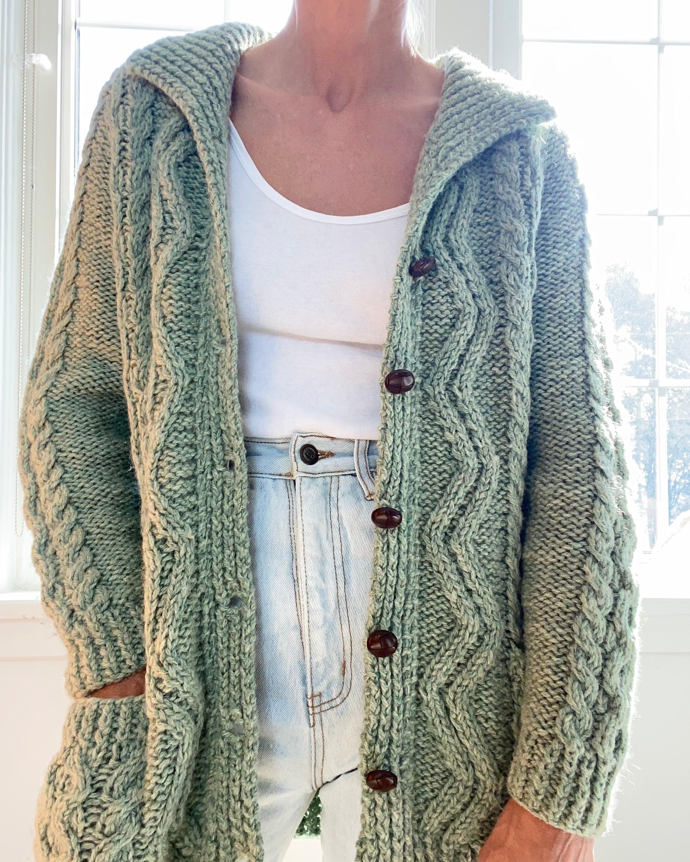 VINTAGE Sage Green Cable Wool Cardigan with Collar