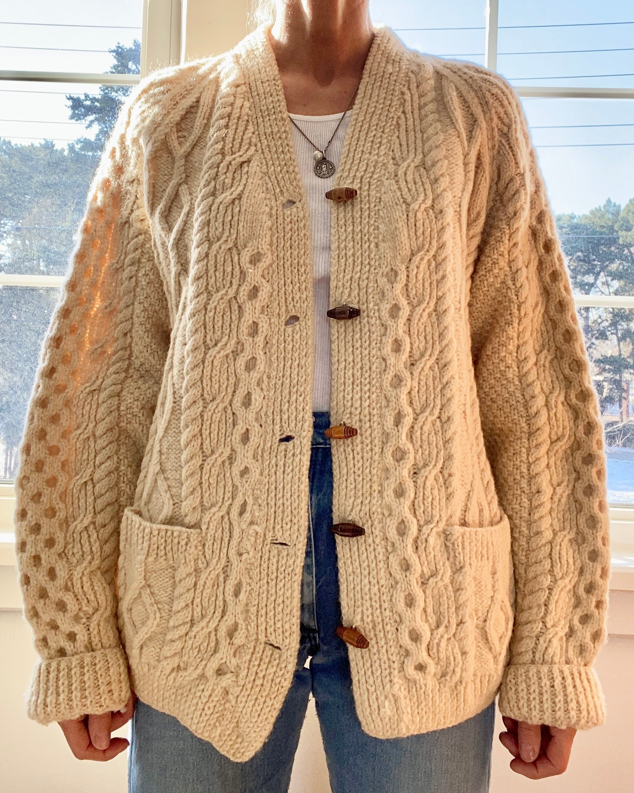 VINTAGE Handknit Irish Fisherman Cable Wool Cardigan