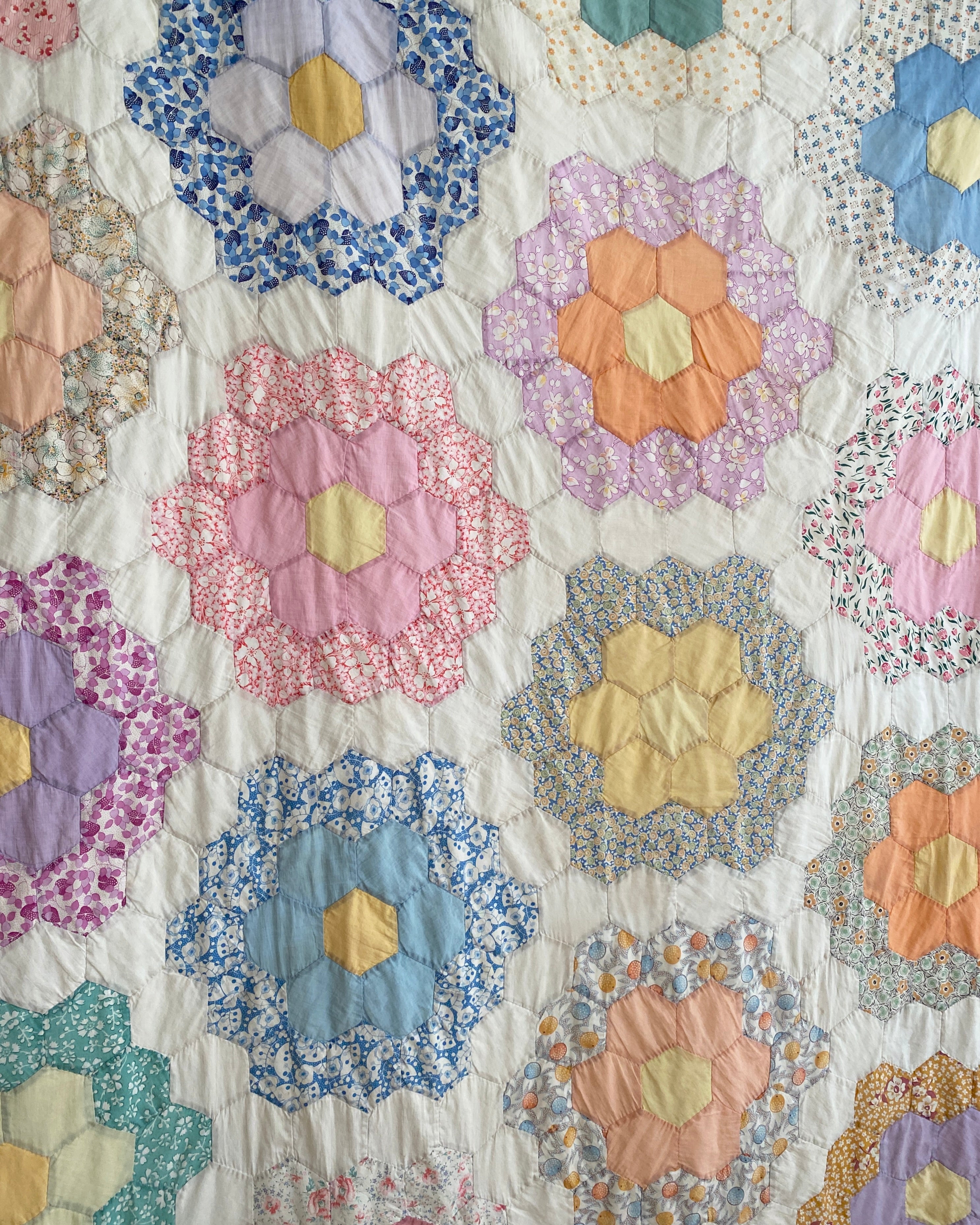 Vintage 1960s Pastel Grandmothers Garden Floral Patchwork Quilt