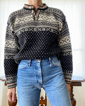 Vintage L.L. Bean Fair Isle Norwegian Style Black Sweater Henley USA M