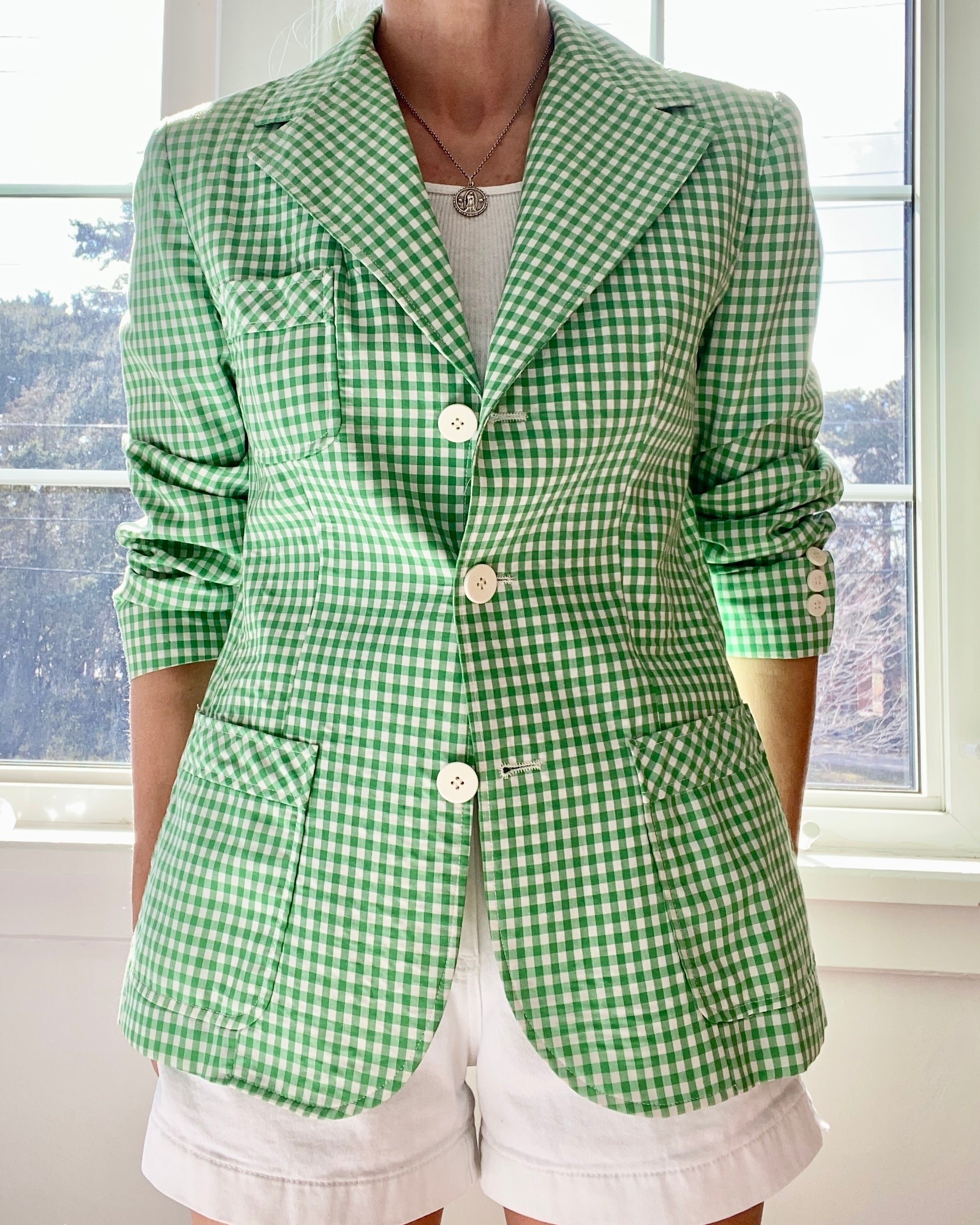 Vintage 1970s Ah! Austin Hill Green Gingham Cotton Blazer M