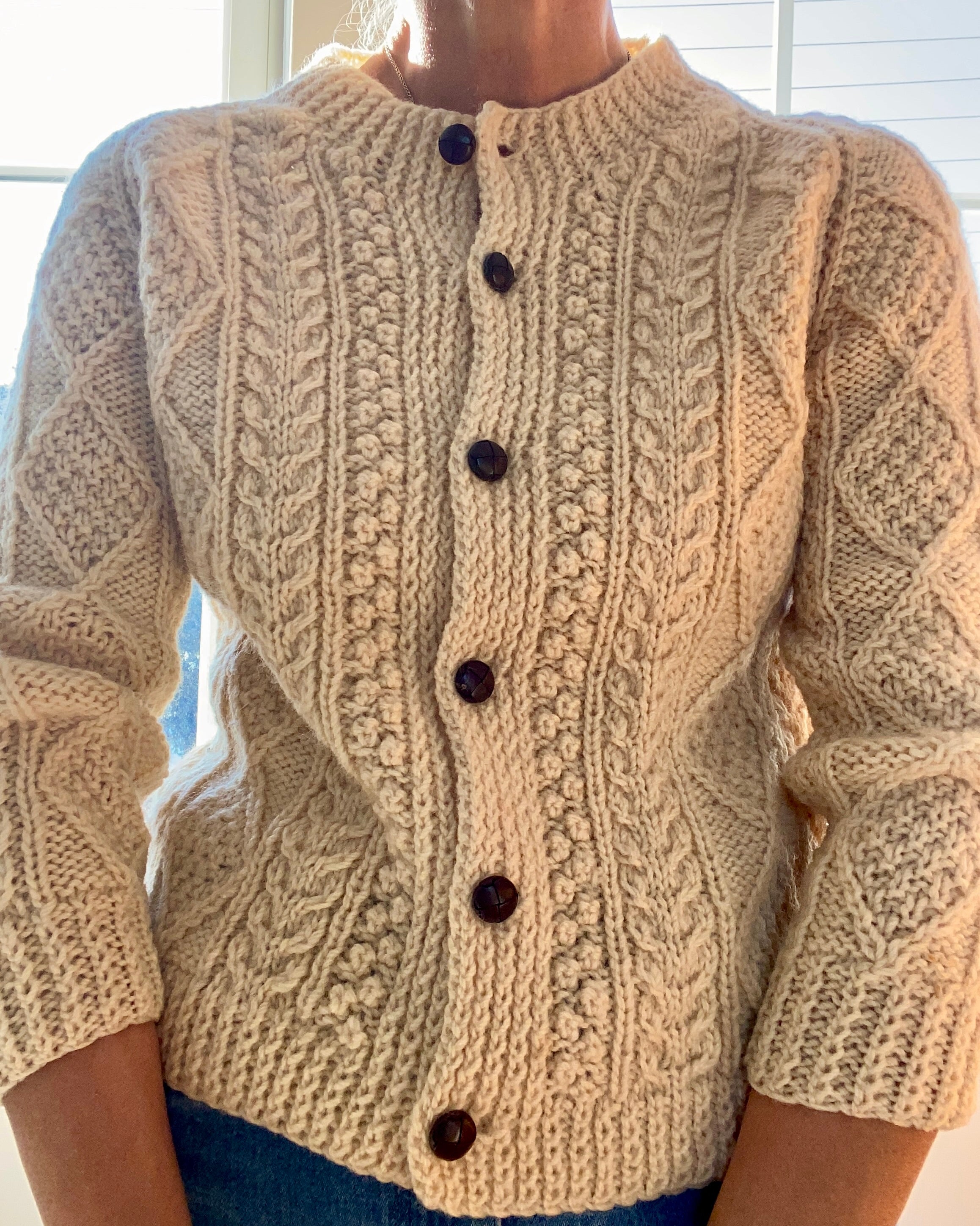 VINTAGE Handknit Irish Fisherman Cable Wool Cardigan S