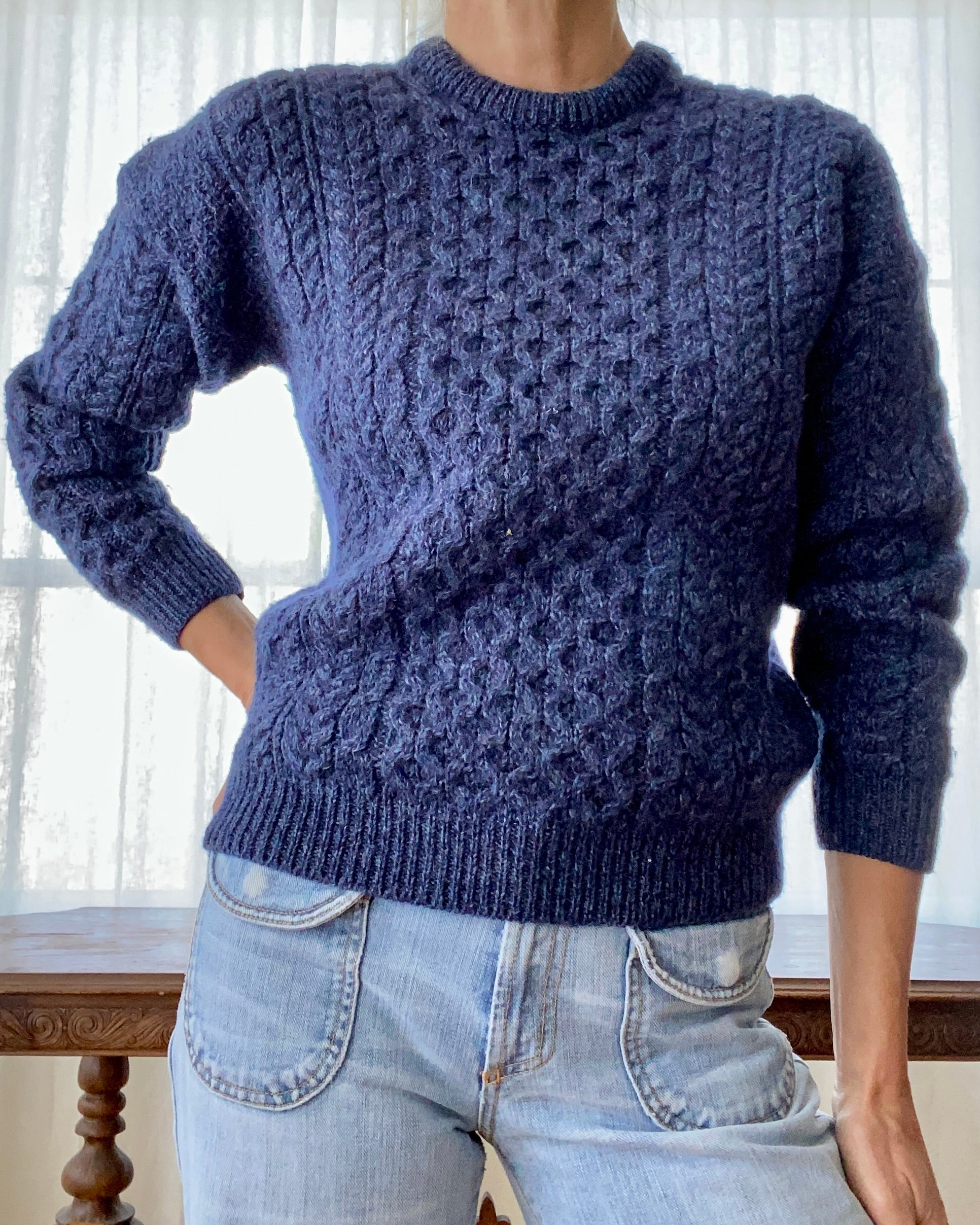 Vintage Blue Irish Fisherman Cable Sweater S or M
