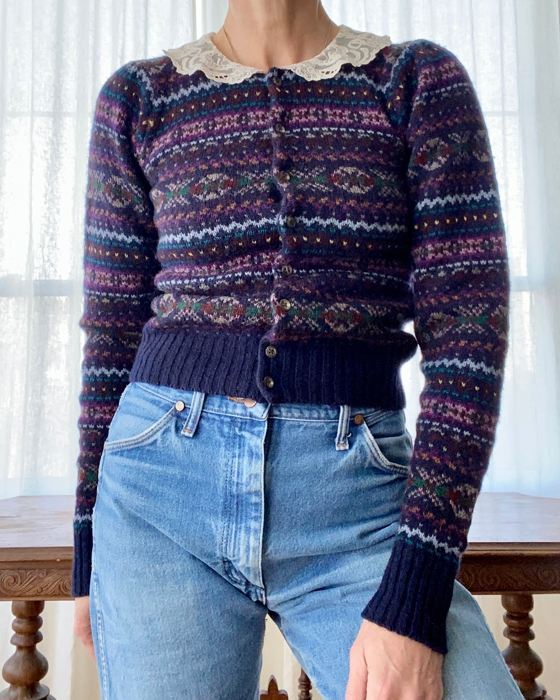Vintage Ralph Lauren Fair Isle Wool Cardigan with Lace Collar S