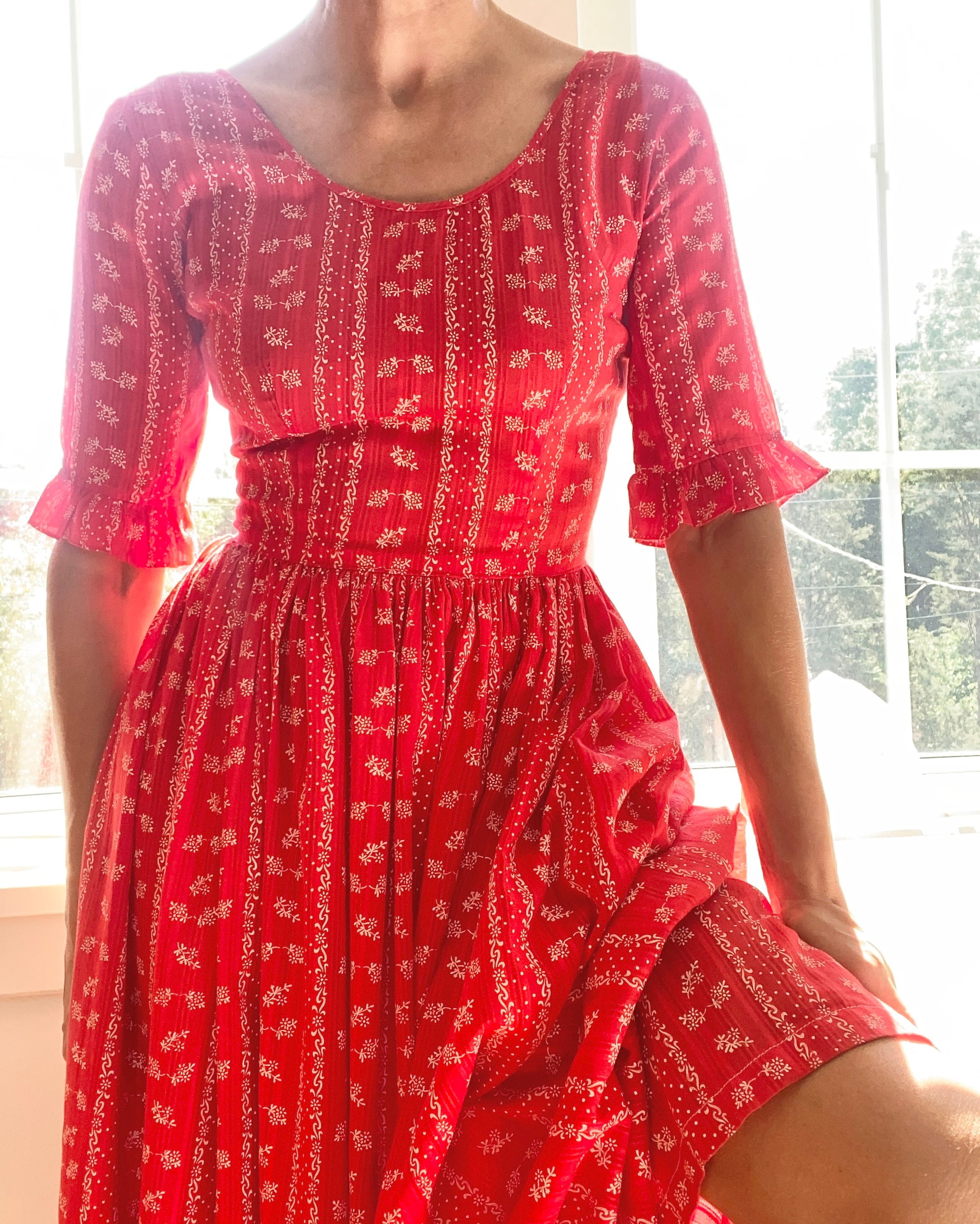 VINTAGE 1970s Red Bandana Print Prairie Dress