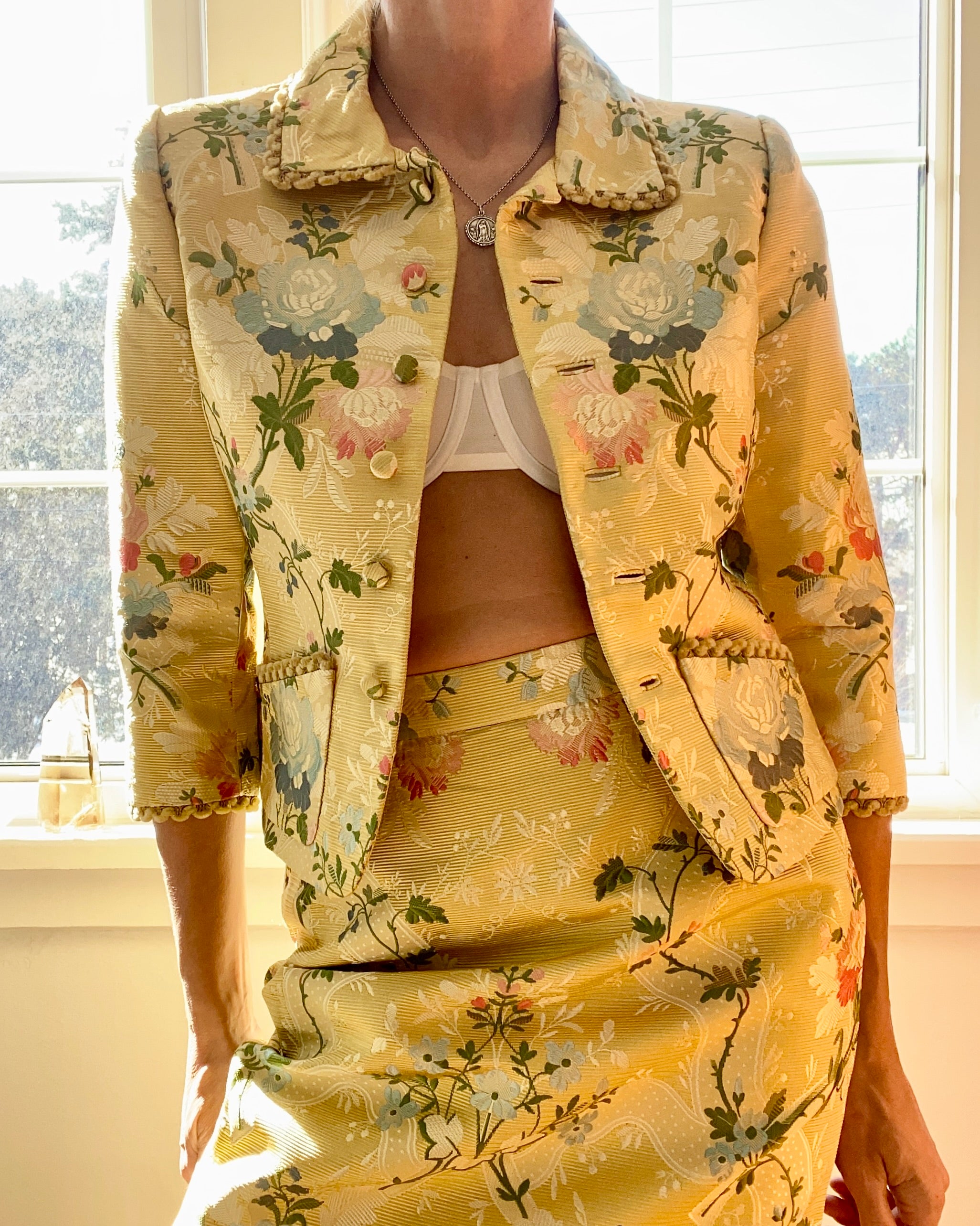Vintage Runway OSCAR DE LA RENTA Silk Floral Brocade Skirt Suit Size 8 10