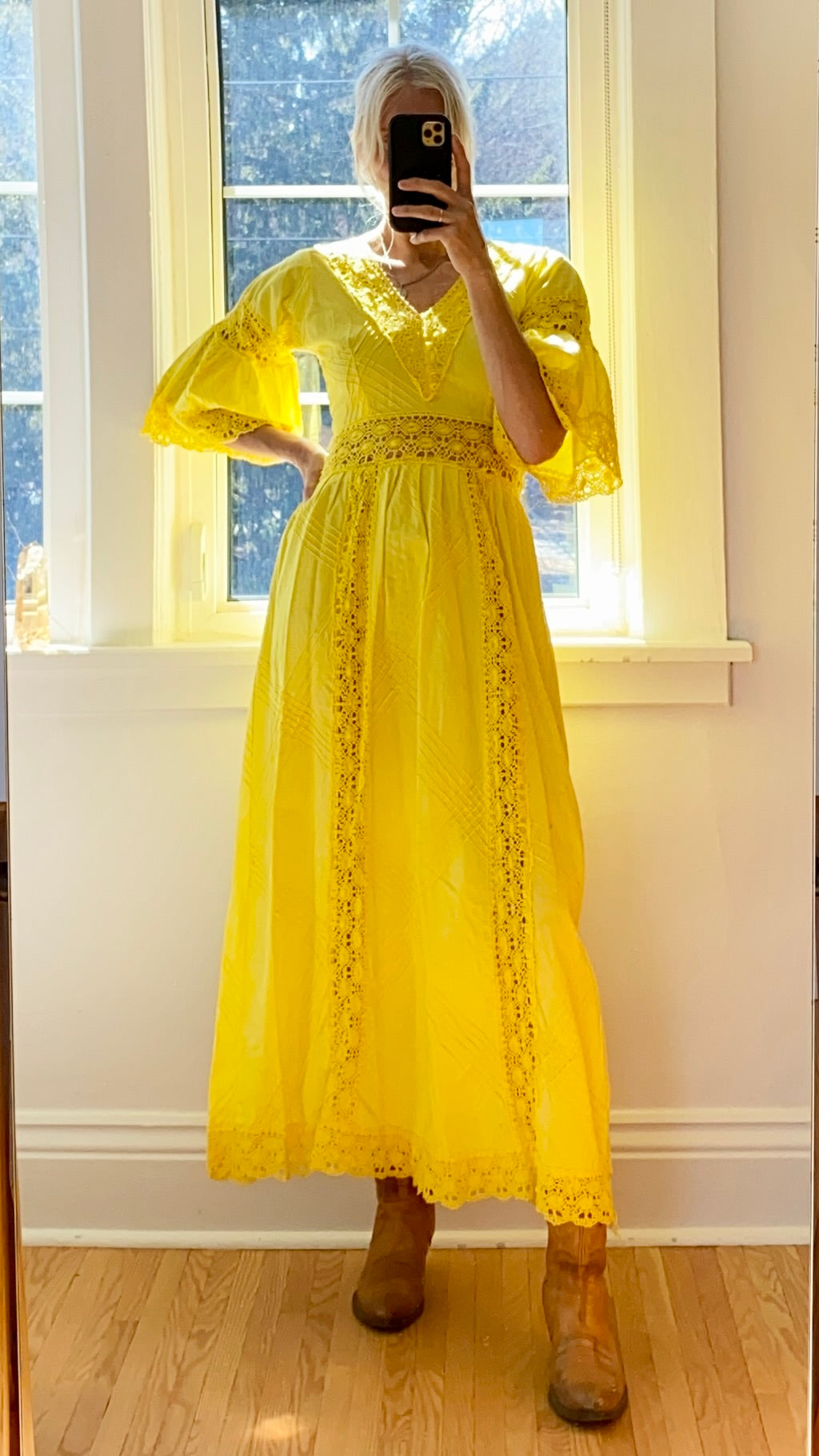 VINTAGE 1970s Yellow Cotton Lace Mexican Wedding Maxi Dress