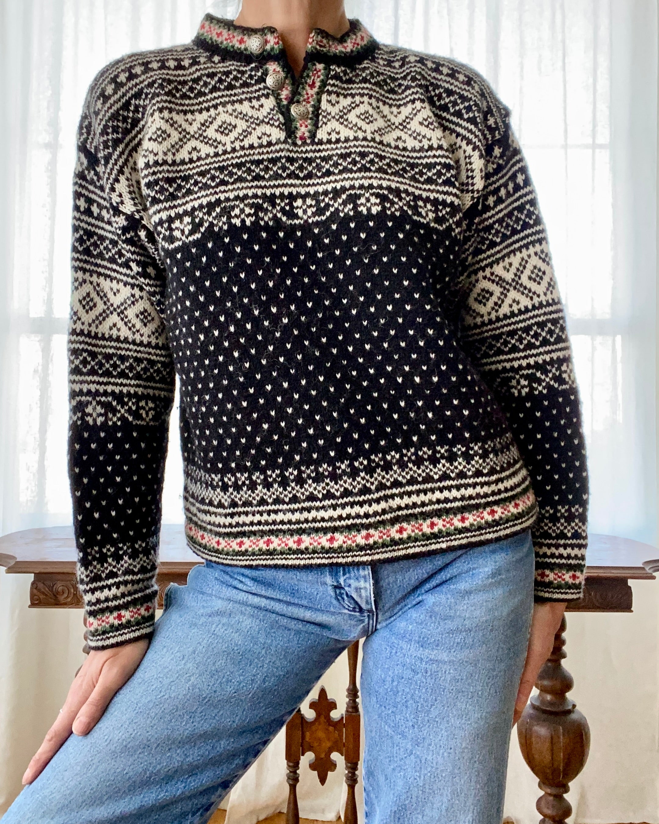 Vintage L.L. Bean Fair Isle Norwegian Style Black Sweater Henley USA M